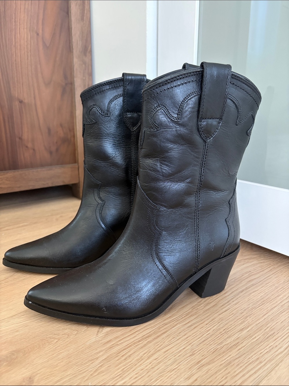 Frye Black Leather Western Ankle Boots